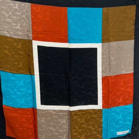 Yves Saint Laurent YSL 100% Silk Satin Scarf 34" Color Block BlackBrown Blue (76 - Picture 1 of 16